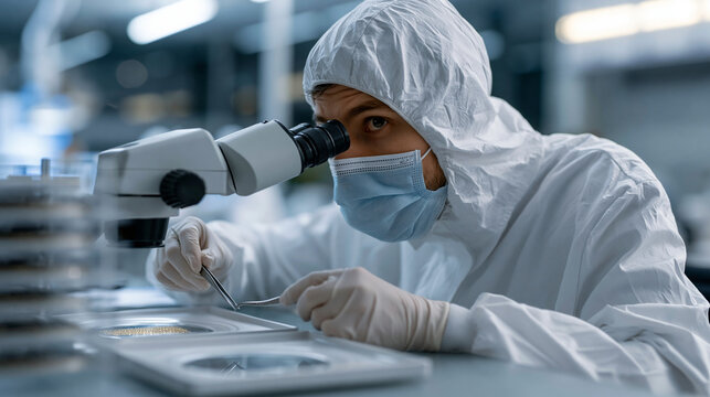 Semiconductor engineer leans over a cleanroom workbench inspecting a neuromorphic computing chip design under magnification, wearing full protective coveralls and gloves,