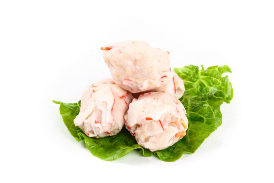 Fresh Chaoshan Teochew Shrimp Balls Chinese Seafood Delicacy on Lettuce Leaves