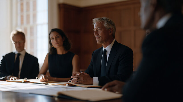 Ethics review board members gather around a conference table examining printed neuroethics brain data privacy frameworks, institutional binders open, legal counsel and research