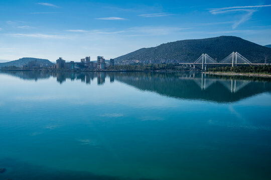 High Bridge of Chalkida and Cement Factory Reflections in Greece