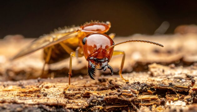 Winged termite soldier insect exploring textured wood surface in extreme macro detail
