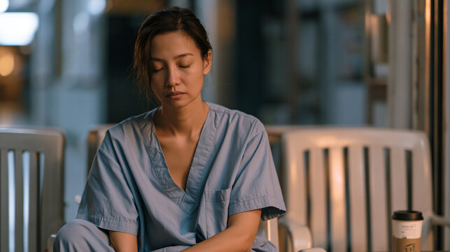 A domestic caregiver slumped in a plastic hospital chair at 3am, scrubs wrinkled, an untouched vending machine coffee cooling beside her, the corridor emptied of visitors,