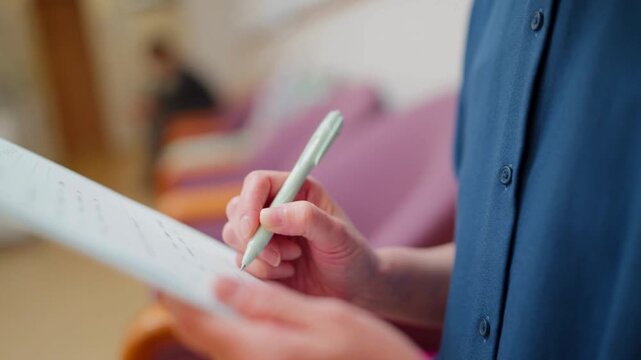 Senior adult patient woman feels in medical questionnaire in clinic.
