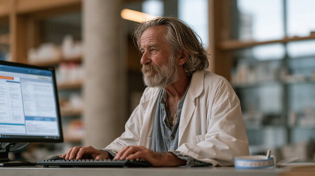 Pharmacist at a hospital dispensary terminal reviewing an AI drug interaction alert that has flagged a contraindication between two newly prescribed medications, urgent warning