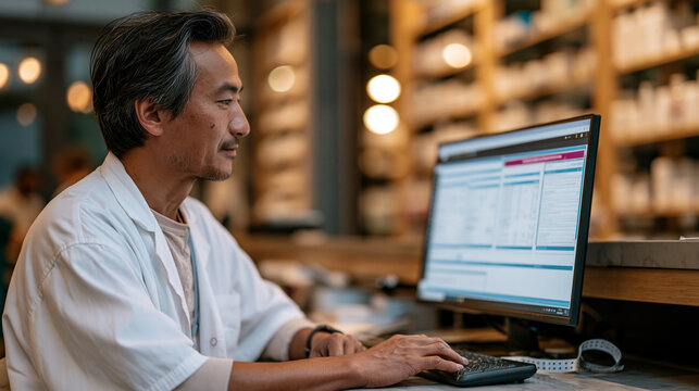 Pharmacist at a hospital dispensary terminal reviewing an AI drug interaction alert that has flagged a contraindication between two newly prescribed medications, urgent warning