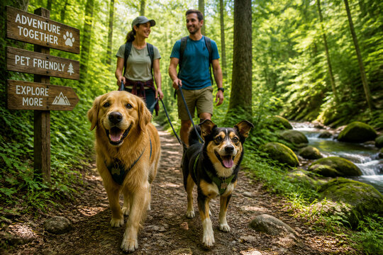 Couple walking dogs on forest trail beside stream during daytime