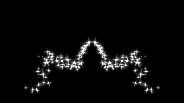 White cartoon twinkling star animation, glowing glitter sparkle light effect with shining fairy trails, flat vector doodle blinking stars, festive starry sky overlay on black screen background, 4K