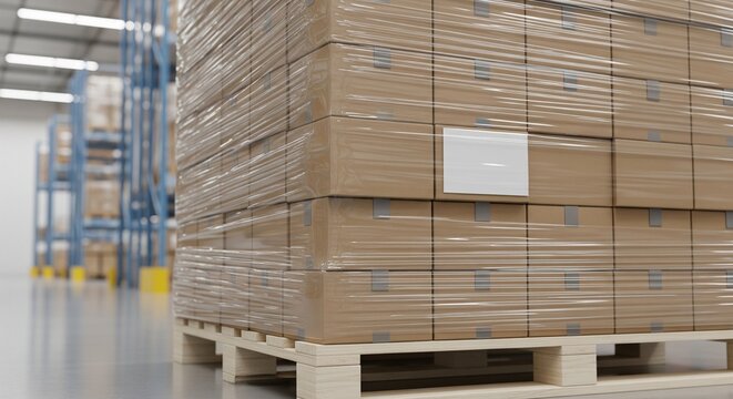 A close-up side view of a huge stack of brown cardboard boxes securely wrapped in plastic stretch film on a wooden pallet inside a massive industrial warehouse.