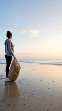 Volunteer cleaning beach at sunrise