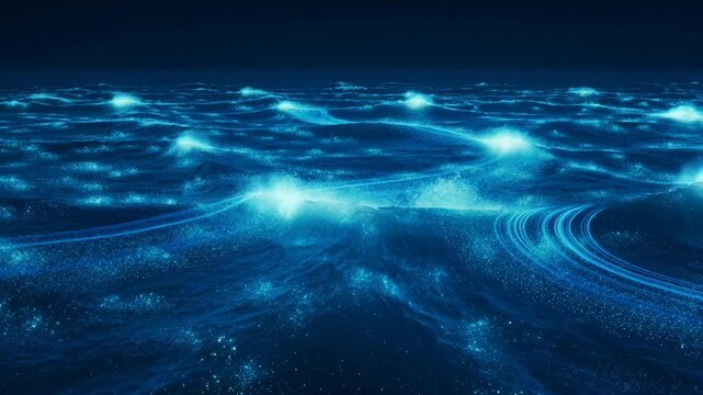 Bioluminescent phytoplankton creating glowing light trails on the night ocean surface, a mesmerizing natural spectacle of glowing waves and sparkling blue particles