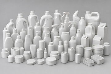 Obraz premium Collection of White Plastic Bottles and Containers for Cleaning Products and Cosmetics