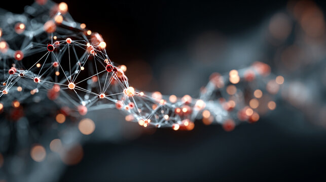Close-up of interconnected network nodes with bokeh light effects in dark digital background