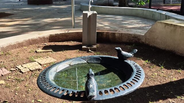 Ornamental cast iron bird bath with sculpted figures in sunny public park
