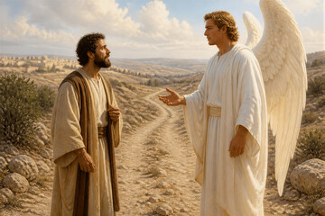 Obraz premium Biblical figure conversing with angel on desert path