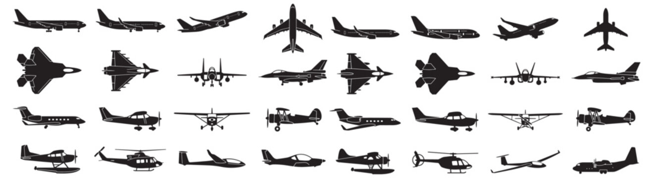 Collection of Airplane and Aircraft Silhouettes Including Jets, Prop Planes, Glider and Helicopter Icons