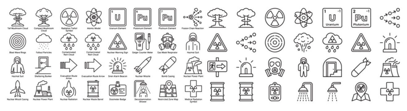 Nuclear Radiation Icons and Hazard Symbols Set &mdash; Radioactive Warning, Fallout and Decontamination Line Art
