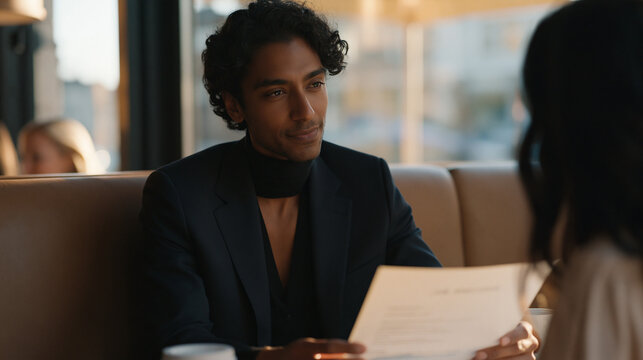 First-hire interview moment captured as a bootstrapped founder leans forward earnestly in a coffee shop booth, handing a printed job offer across the table to a cautious candidate