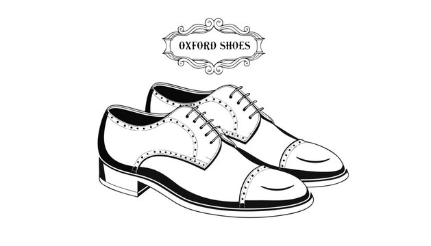 Very beautiful black-and-white engraved vector illustration featuring elegant OXFORD SHOES with refined stitching details and a decorative fashion label reading "OXFORD SHOES", isolated on white backg