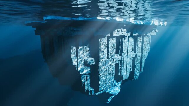 Massive iceberg reveals a hidden, complex geometric structure underwater. Sunbeams illuminate intricate details.