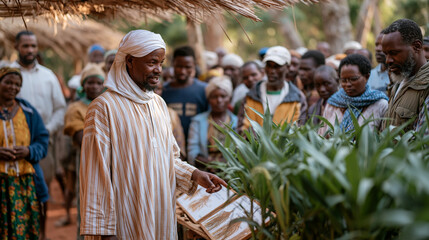 Fototapeta premium A crowd of smallholder farmers gathered around a field day demonstration of gene edited drought resistant maize varieties, extension officers pointing to root structures on