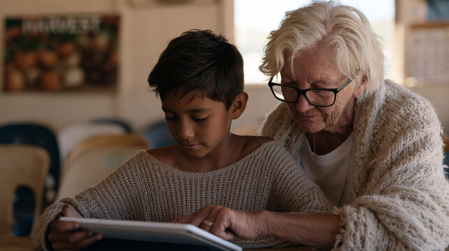 Retired schoolteacher volunteers as literacy tutor in after-school program at modest neighborhood rec center, guiding elementary student through phonics app on shared tablet,