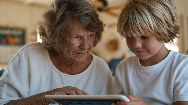 Retired schoolteacher volunteers as literacy tutor in after-school program at modest neighborhood rec center, guiding elementary student through phonics app on shared tablet,