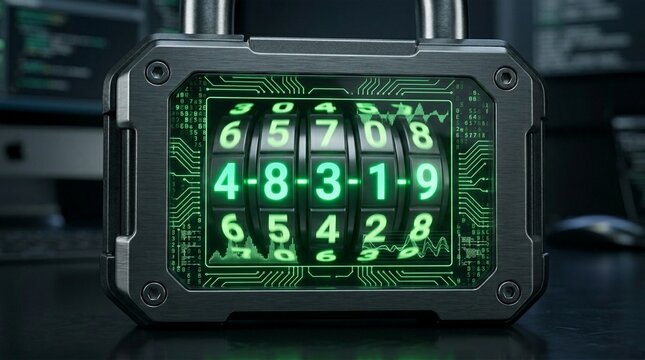 Digital combination lock with glowing green numbers and circuit board background, representing cybersecurity