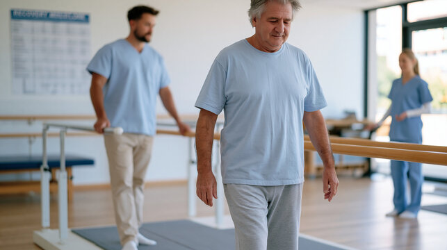 Physiotherapist supervises a neuroplasticity stroke rehabilitation balance exercise with an adult patient on a gym mat, assistive parallel bars in background, recovery milestone