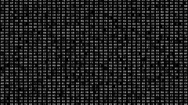 Glowing cyber digital matrix animation texture background with white letters and numbers fast scrolling up on a dark technology background