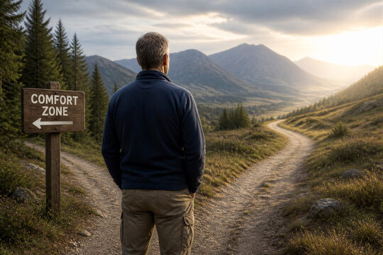 Man standing at fork in mountain trail with wooden signpost