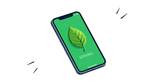 Smartphone displaying vibrant green leaf with spring text in minimalist flat design illustration