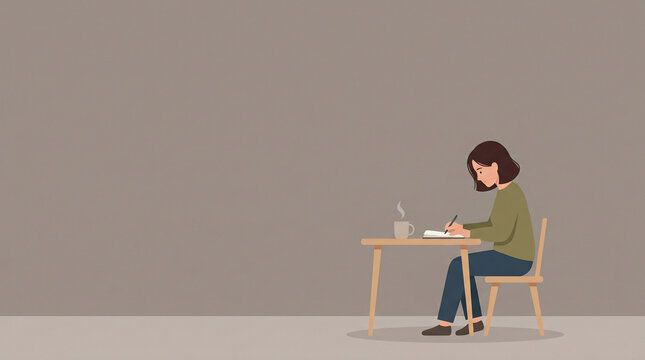 ノートパソコンを使って作業する女性を描いたミニマルなフラットイラストです。
落ち着いたグレージュ背景と広い余白を備え、ビジネスや在宅勤務のイメージに適しています。