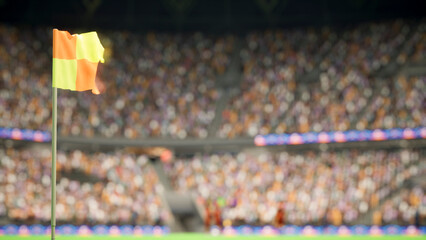 3D illustration close up of corner flag on soccer stadium pitch with fans in blurry background. © DC Studio