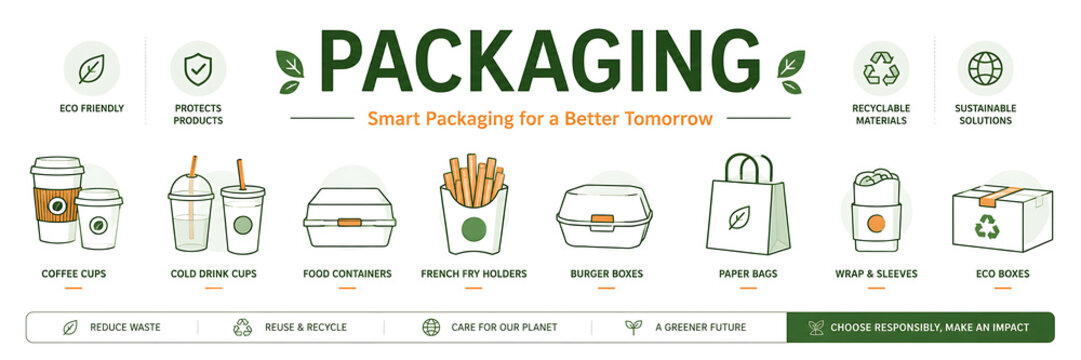 Sustainable eco-friendly food packaging set, recycled paper containers and coffee cups, biodegradable takeaway packaging collection isolated on White Background ai