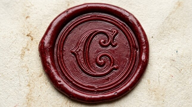 Close-up of a dark red wax seal with an ornate letter C imprint on textured parchment paper