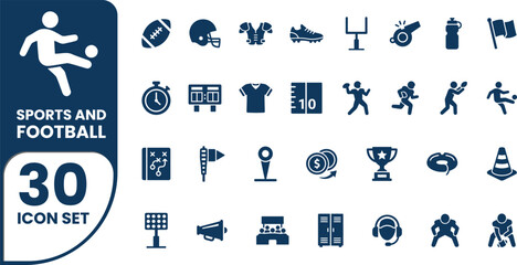 Fototapeta premium Sports and football icon set with professional equipment player silhouettes and game scoring symbols in solid blue style.