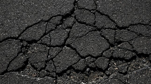 Close-up overhead view of severely cracked black asphalt road surface with rough texture