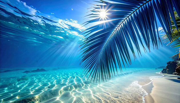 Surreal split shot of a tropical beach with a blue palm leaf, bright sunbeams, and crystal clear turquoise underwater views.