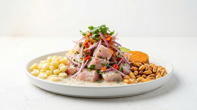 Peruvian Ceviche Leche de Tigre White Plate - Fresh Citrus Marinated Seafood Aji Amarillo Stock Photo