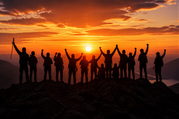 Fototapeta premium Group of hikers silhouetted celebrating on mountain ridge
