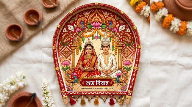 Bengali wedding kula decorated with artistic illustration of bride and groom in traditional attire for auspicious event.