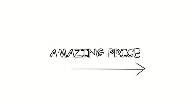 Amazing price. Contour drawing business text animation with arrow, direction. Continuous line word. Isolated message on white. Video 4k object illustration self-drawing. Minimalist continuous line dra