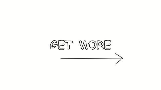 Get more. Contour drawing business text animation with arrow, direction. Continuous line word. Isolated message on white. Video 4k object illustration self-drawing. Minimalist continuous line drawing 