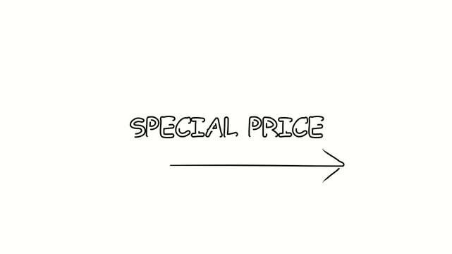 Special price. Contour drawing business text animation with arrow, direction. Continuous line word. Isolated message on white. Video 4k object illustration self-drawing. Minimalist continuous line dra