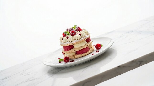 Vacherin Glac&eacute; Assembled White Plate - French Meringue Ice Cream Dessert Diagonal Commercial Stock Photo