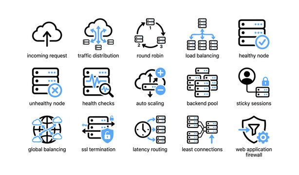 Load balancing server icons on white background grid