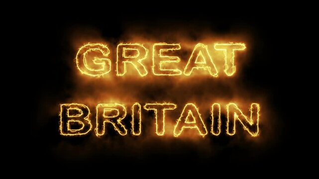 Great Britain Text in Fiery Flames on Black Background