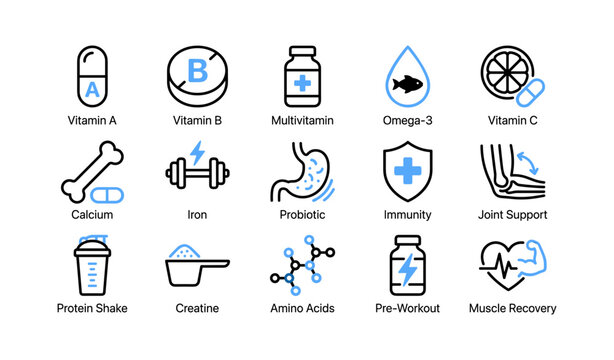 Dietary supplement icons displaying labeled categories in grid