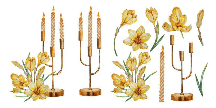 Watercolor set with yellow crocus saffron flowers, candles, candleholders and separate elements. Illustration for Easter decor, spring greeting cards, wedding styling and festive branding.