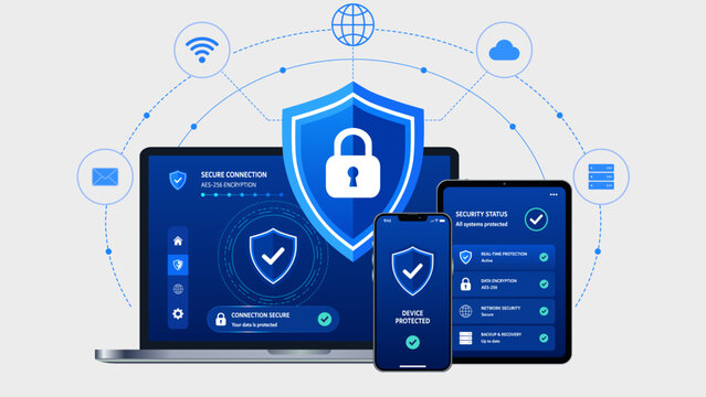 Multi device cybersecurity protection. Digital shield system. Secure connected devices. Flat vector illustration